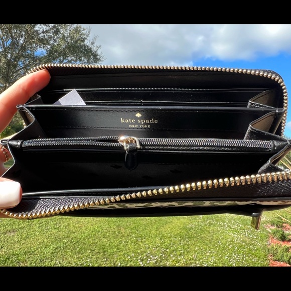 Kate Spade Meow Cat Large Continental Wallet Black Leather Leopard - Picture 4 of 4